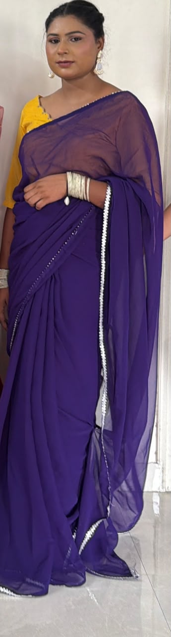 Luxury Purple Ready-to-Wear Saree β Georgette with Silver Lace & Yellow Embroidered Blouse Maha Collection
