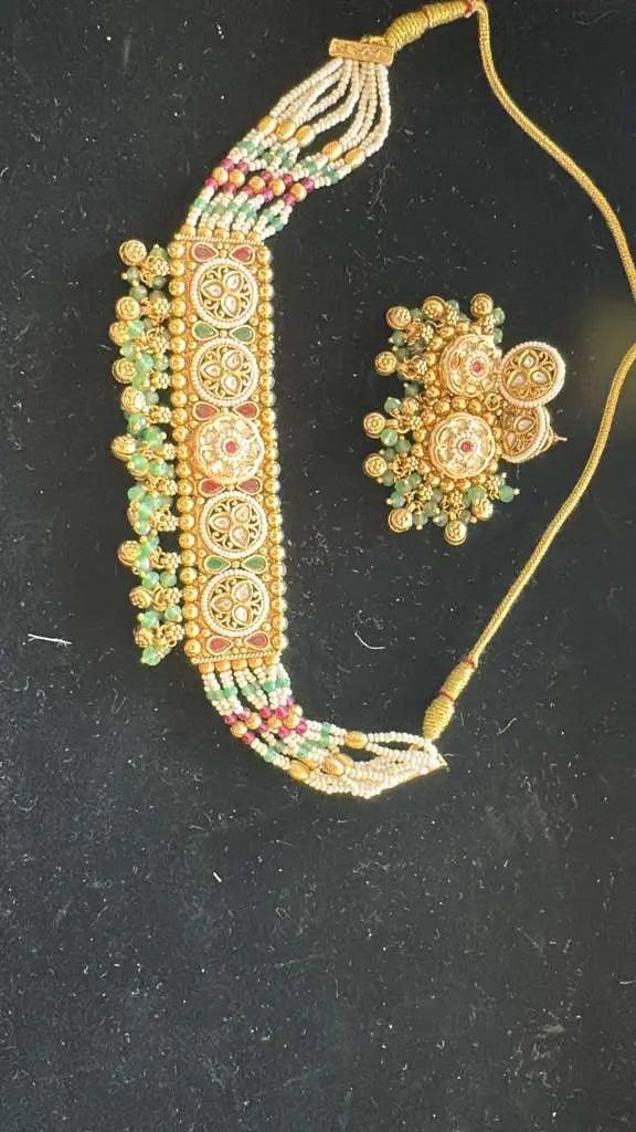 Close up Kundan Choker Set - Multi-Color with Ruby Emerald and White Pearls for Indian Bridal Weddings