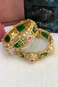 Emerald Green Kundan Bangles Set of 2 | Gold Polish Openable Kada | Indian Bridal Jewelry Nikhar Jewelry
