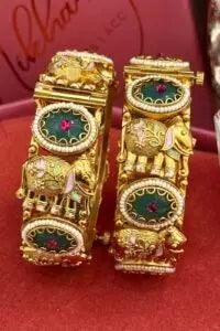 Mint Green Kundan Bangles Set of 2 | Gold Polish Openable Kada | Indian Temple Jewelry Nikhar Jewelry