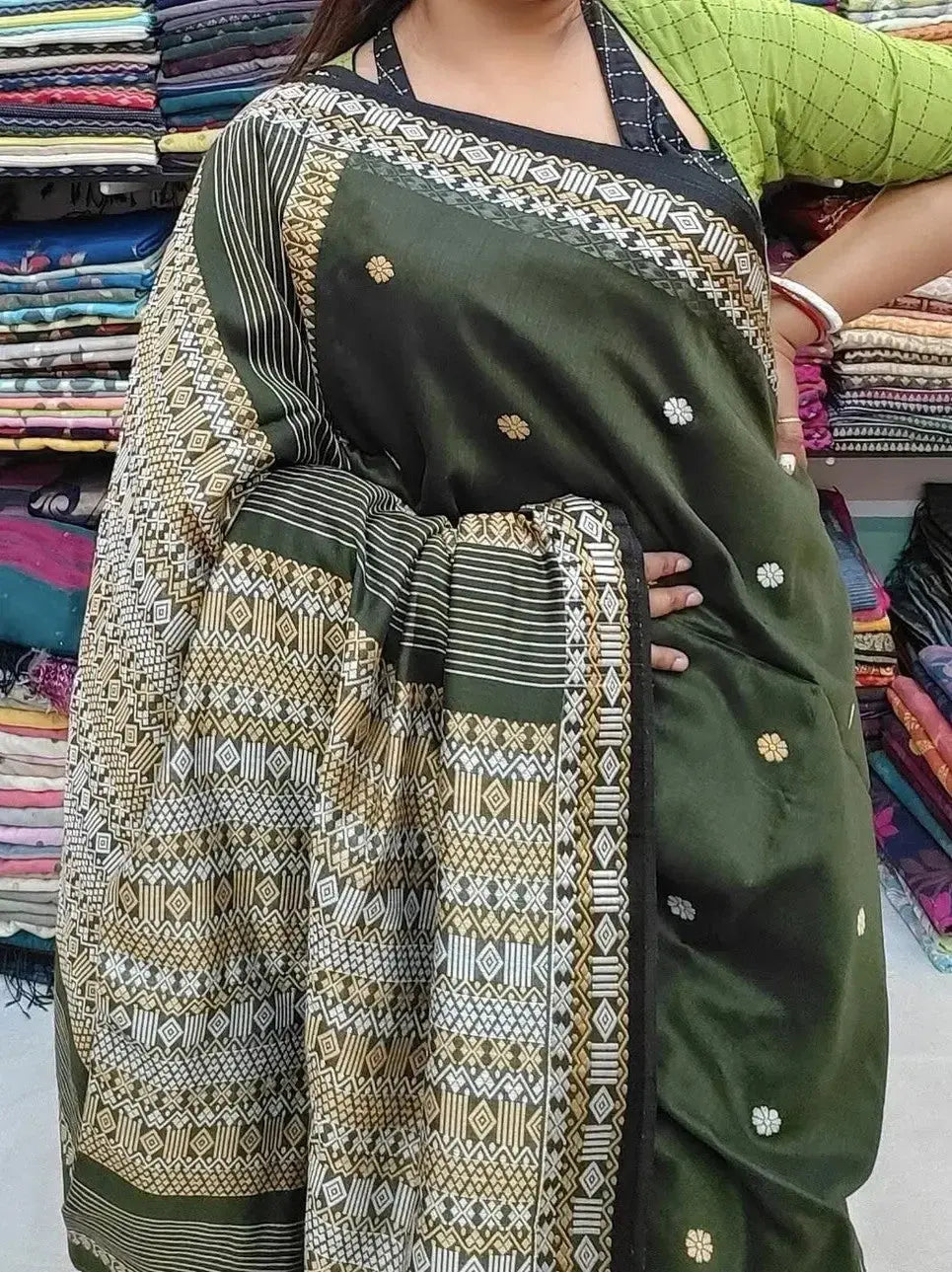 Pure Mercerized Cotton with blouse piece Hand weaving-Green - Deepika's Adornments