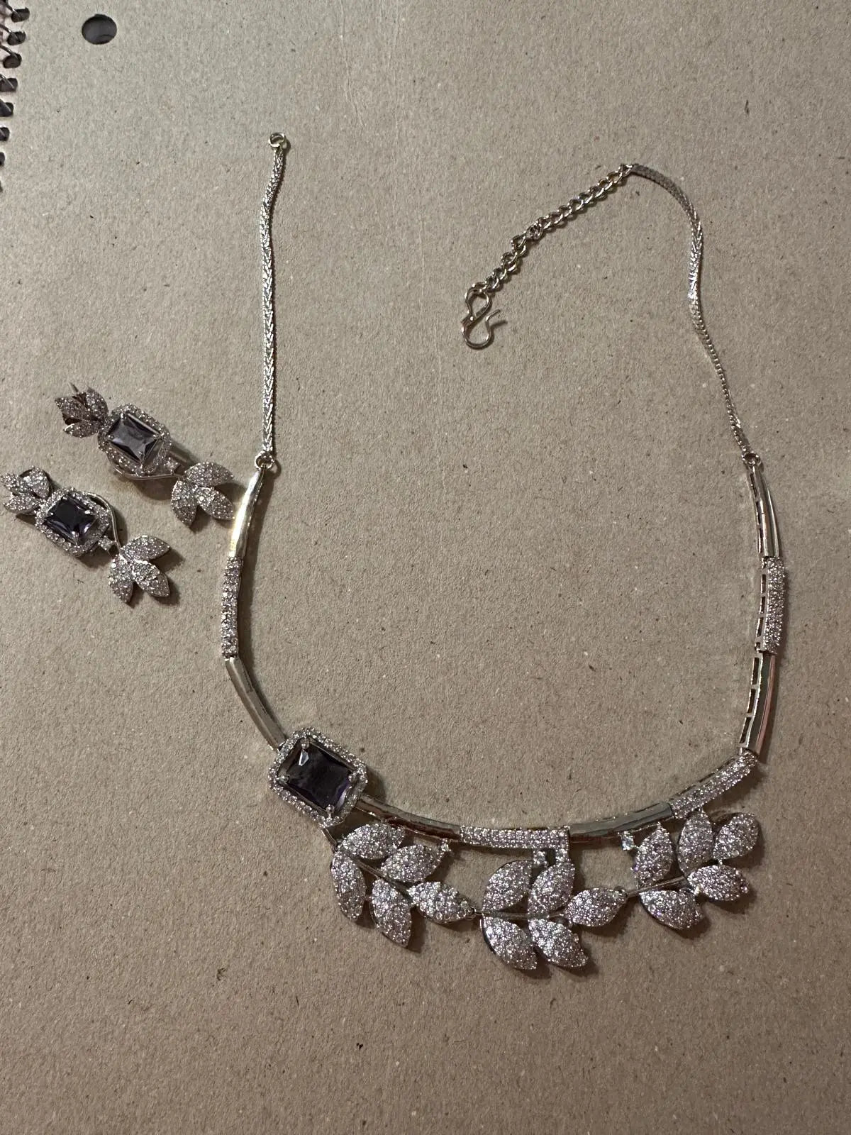 Light Purple Hydrostone & CZ Leaf Design Necklace Set | 24K Rhodium Plated Silver Indian Fashions