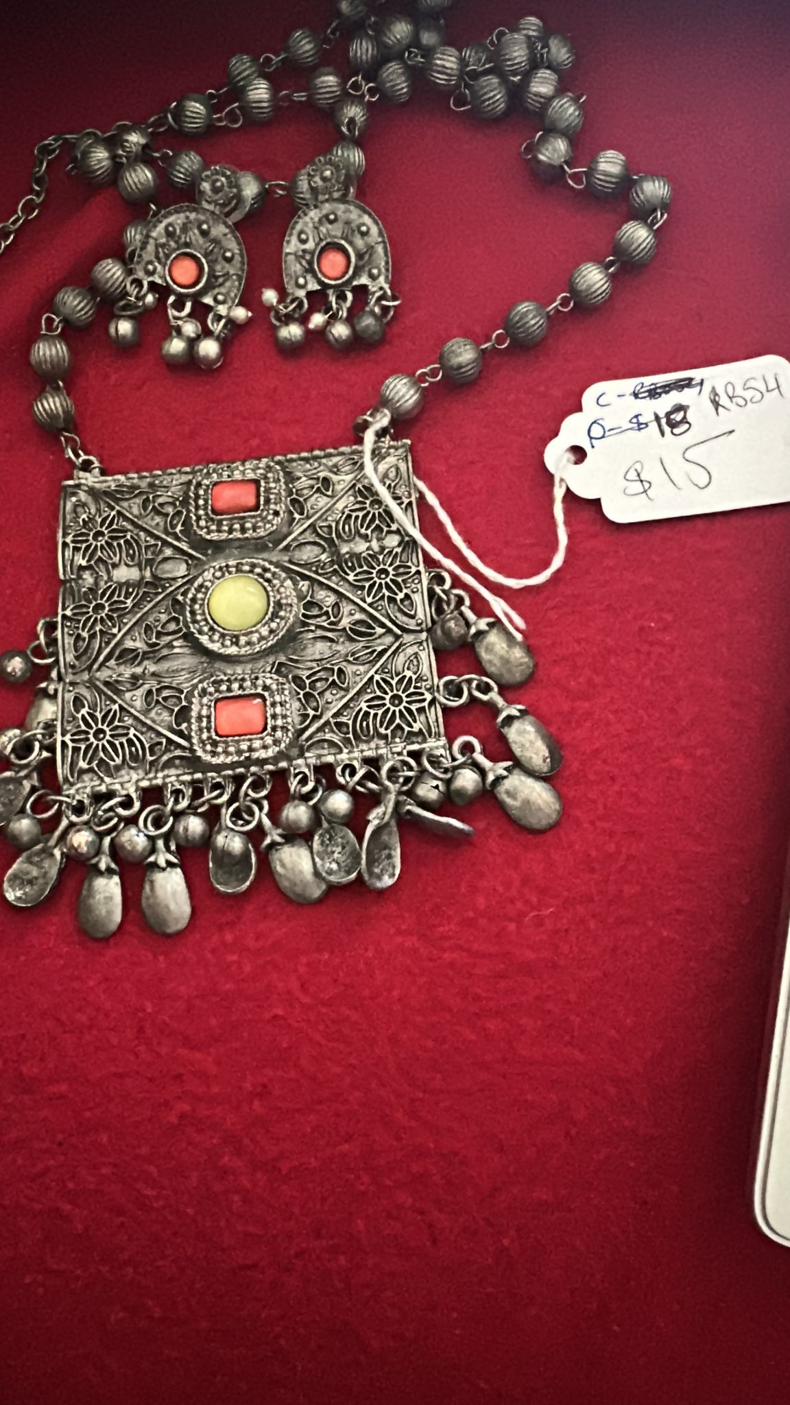 Oxidized Square pendant Set coral and yellow RB INDIA JEWELRY