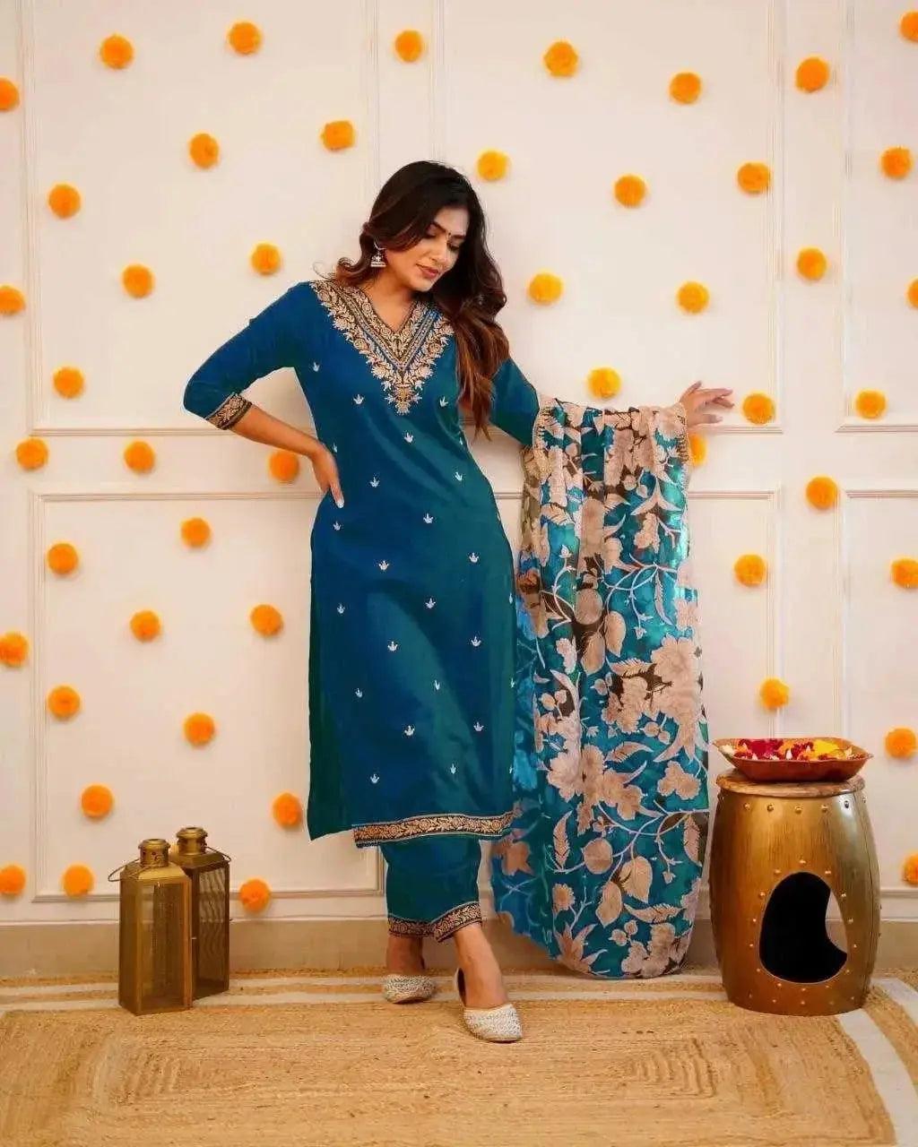 Indian Kurti Straight Pant in Premium Viscose Rayon Blue with digital printed dupatta