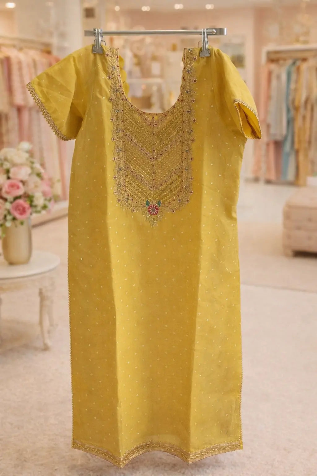 Mustard Maheshwari Silk Kurti with Zari, Foil Mirror & Gota Pati Work Rachna Suits