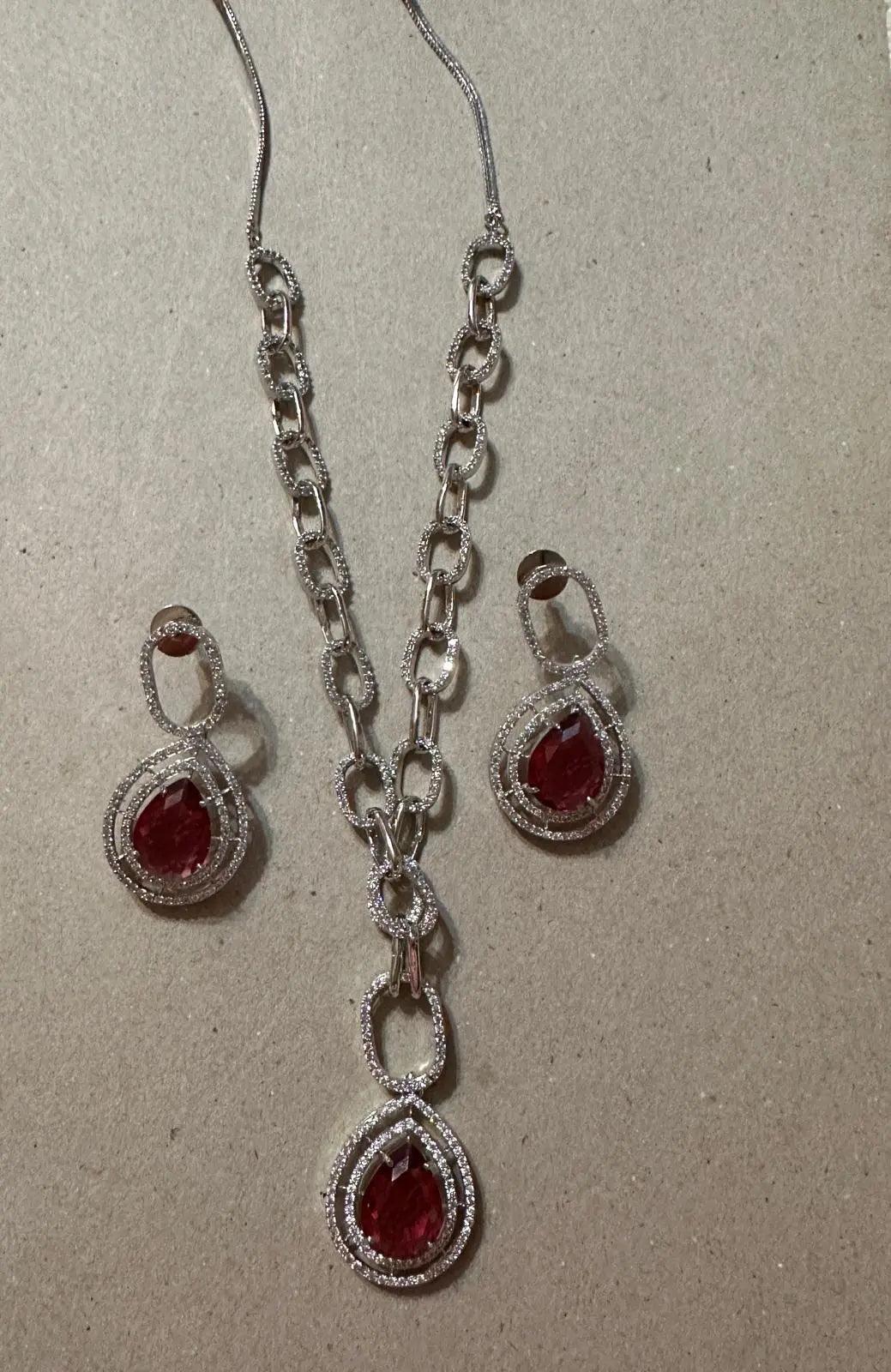Red Hydrostone & CZ Statement Necklace Set | 24K Rhodium Plated Silver Indian Fashions
