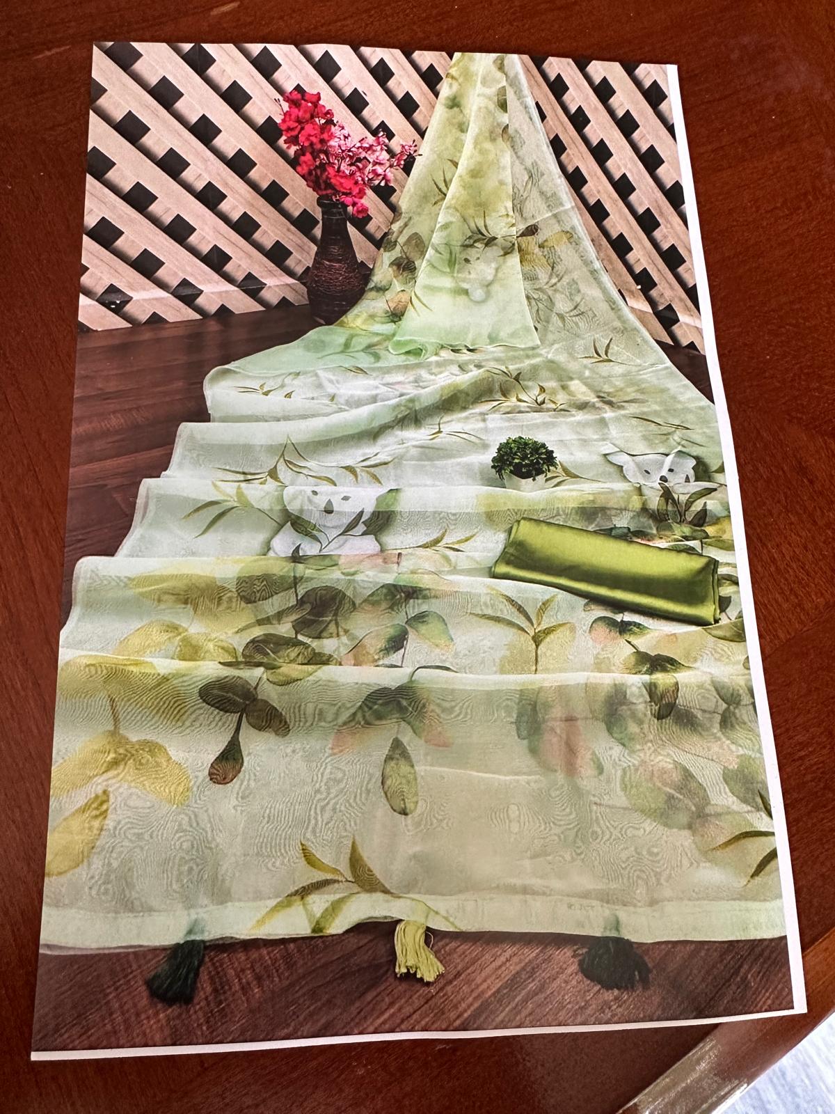 Organza Digital Printed Saree-Green