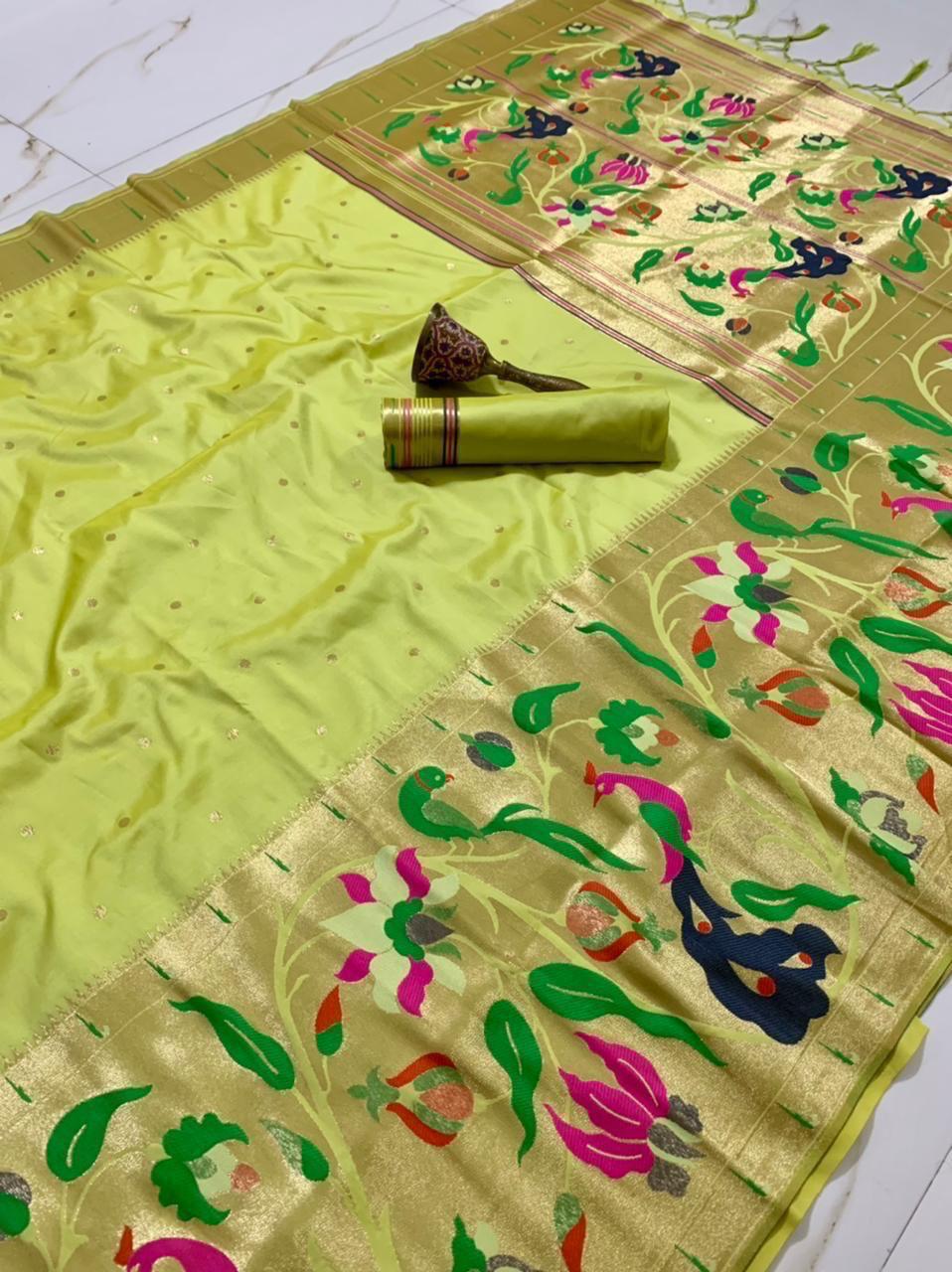 Soft Kanchipuram Paithani Saree-Neon Green