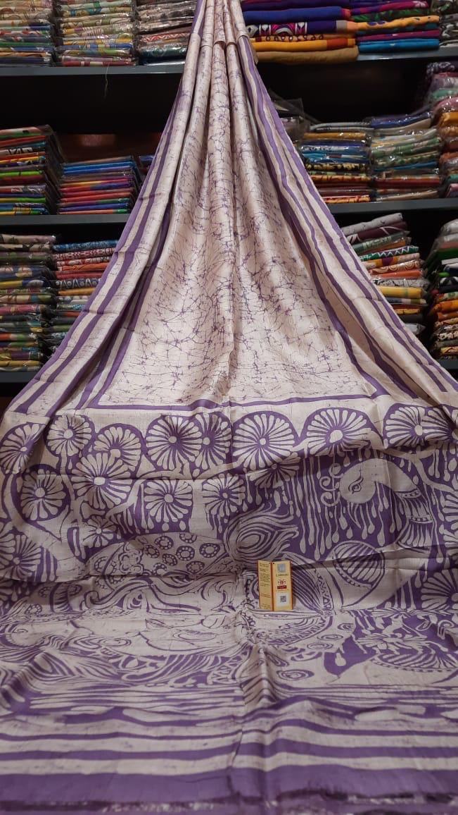 Pure Bishnupuri Silk Hand WaxBatik Sarees-Light Purple