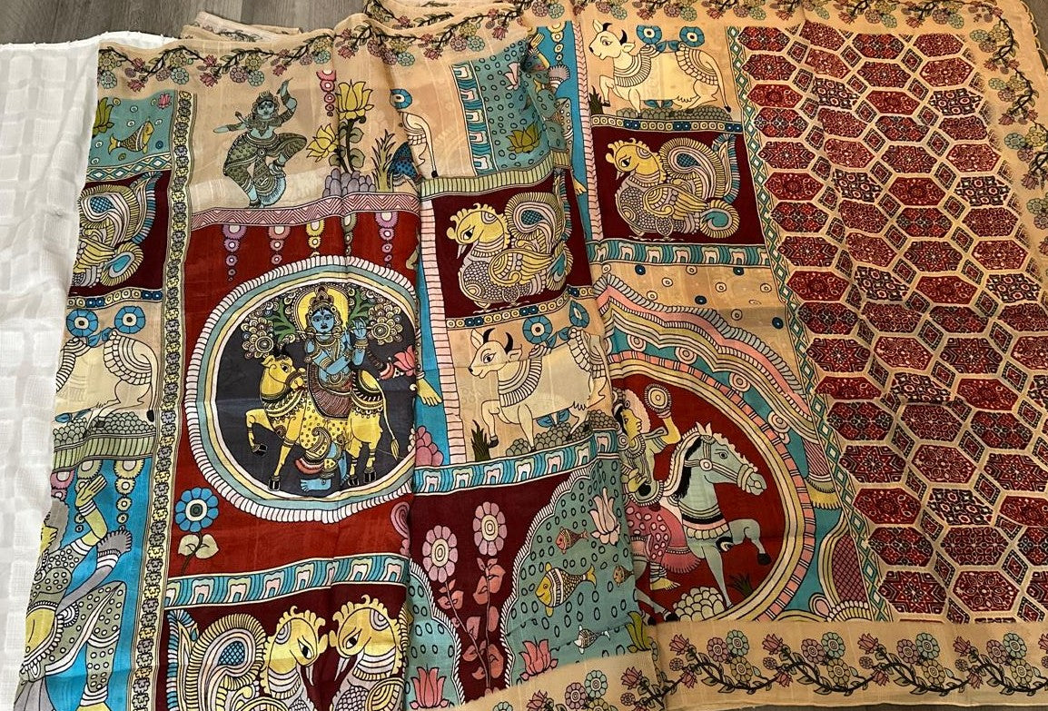 Kalamkari Print Tussar Silk saree