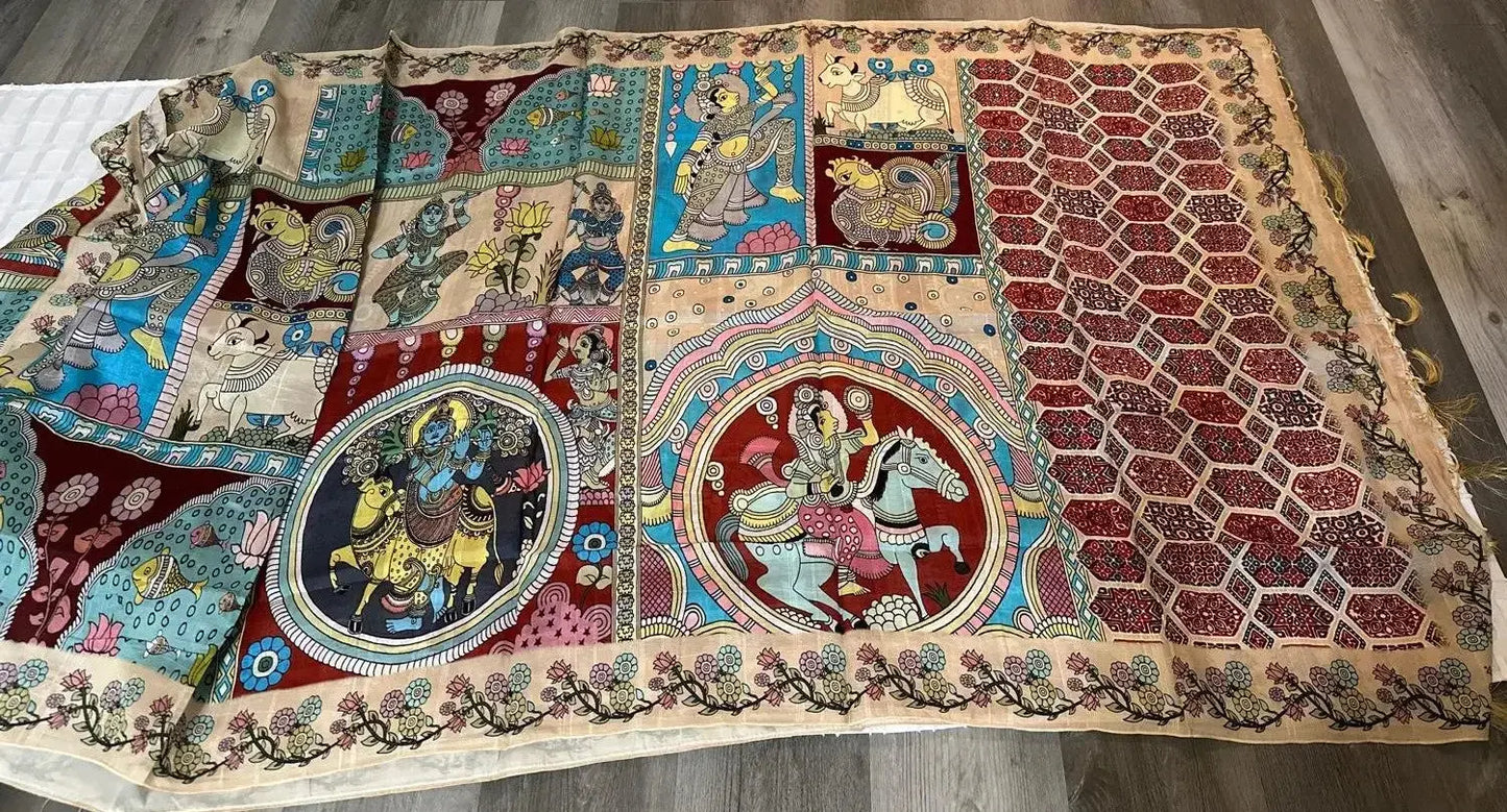 Kalamkari Print Tussar Silk saree - Deepika's Adornments