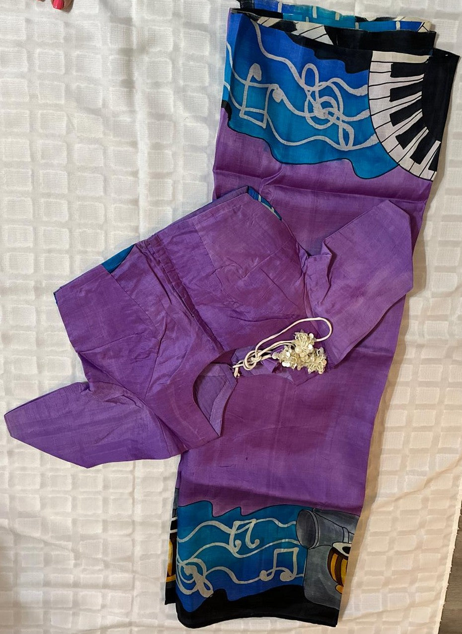 Pure Bishnupuri Silk Hand WaxBatik Sarees - Purple Blue