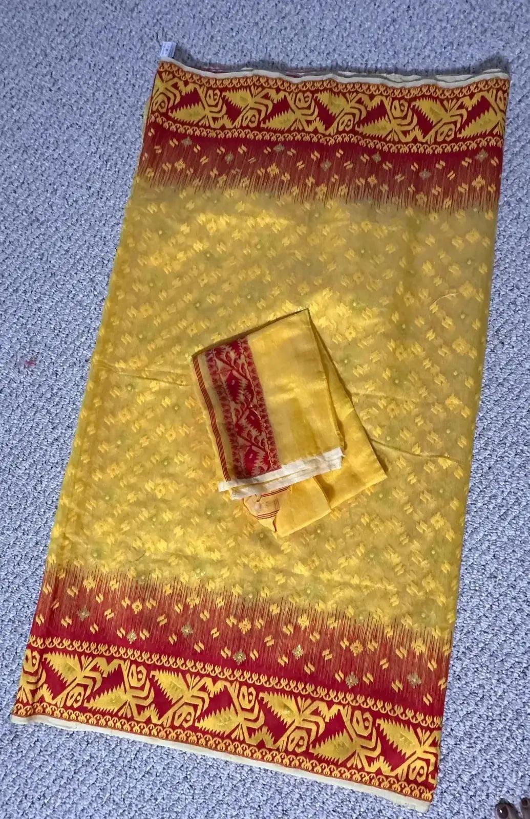 Bengal Handloom Jamdani Ikkat Red and Yellow - Deepika's Adornments