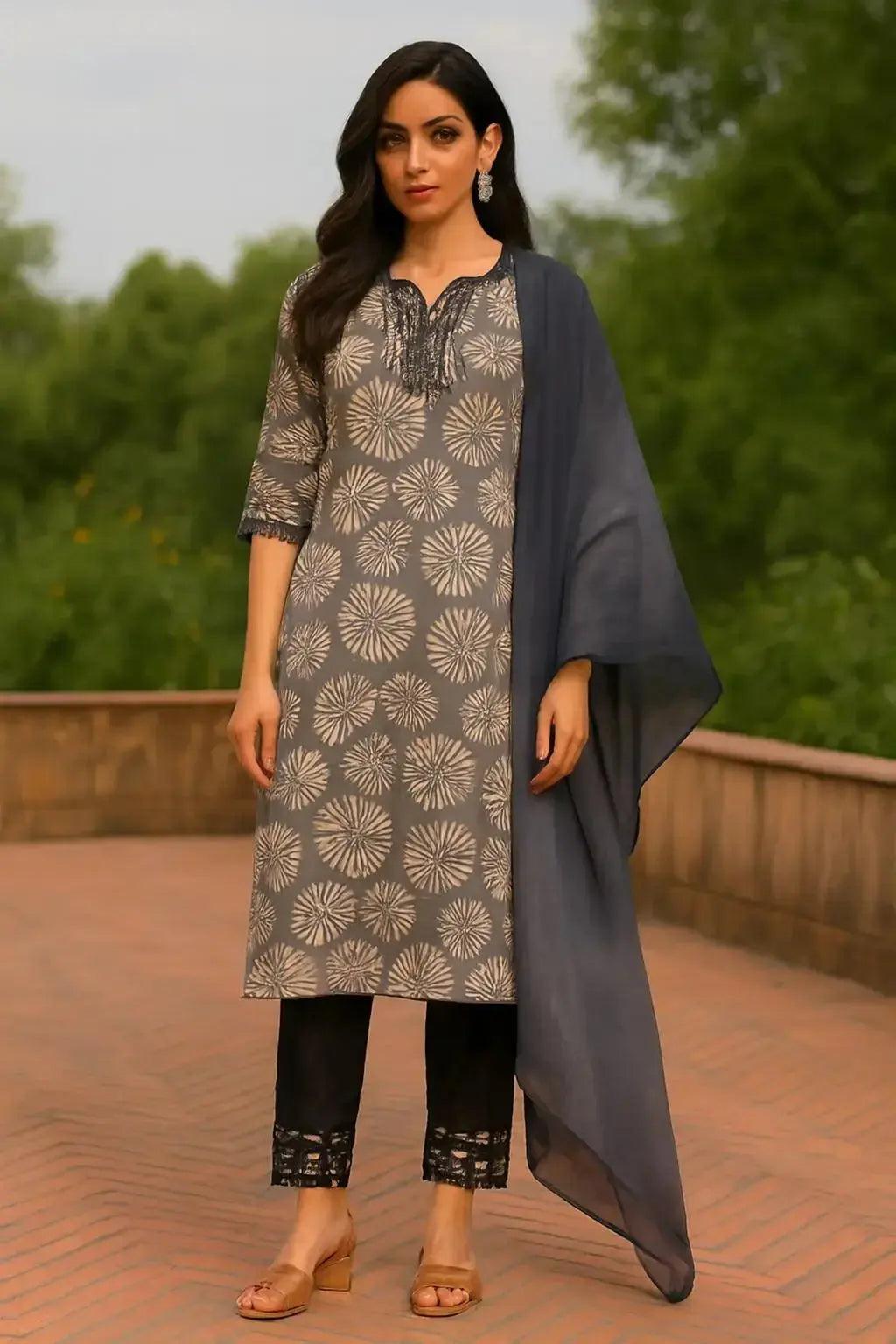 Indian straight Kurti with Pants Black and Grey - Deepika's Adornments