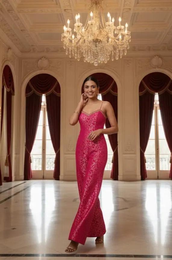 Rani Pink Brocade Jumpsuit - Custom-Stitched Indo-Western with Handwork Maha Collection