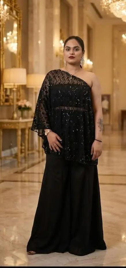 Black Off-Shoulder Palazzo Set - Custom-Stitched with Heavy Handwork Maha Collection