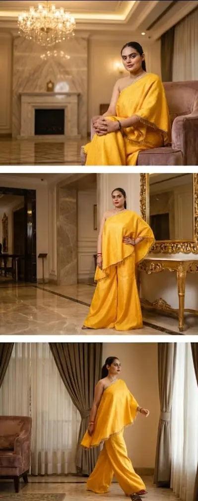Yellow Brocade Off-Shoulder Palazzo Set - Custom-Stitched Indo-Western Maha Collection