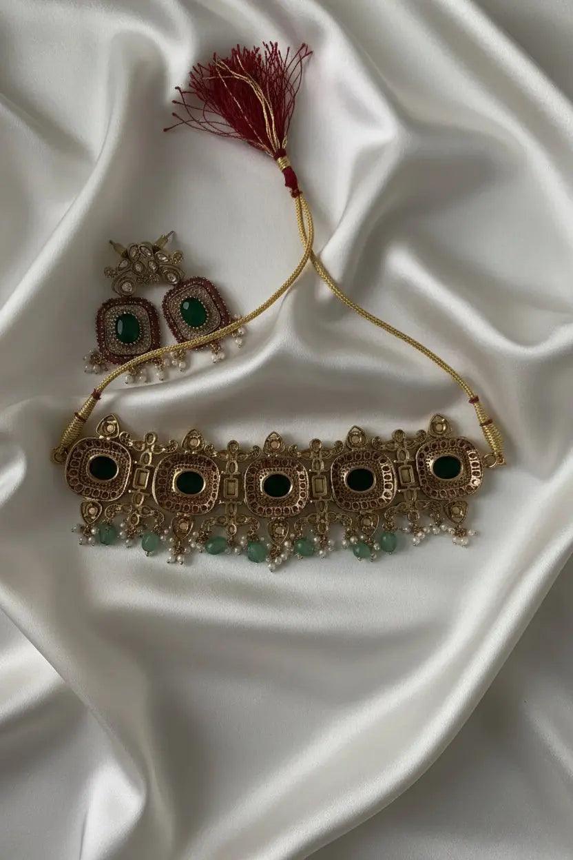 Rani Premium Moissanite Choker β Mint, Ruby & Pearl Gold Plated Nikhar Jewelry