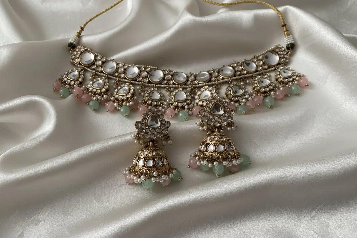 Kundan Mint & Baby Pink Statement Necklace Set with Jhumki & White Pearls – Gold Plated Nikhar Jewelry