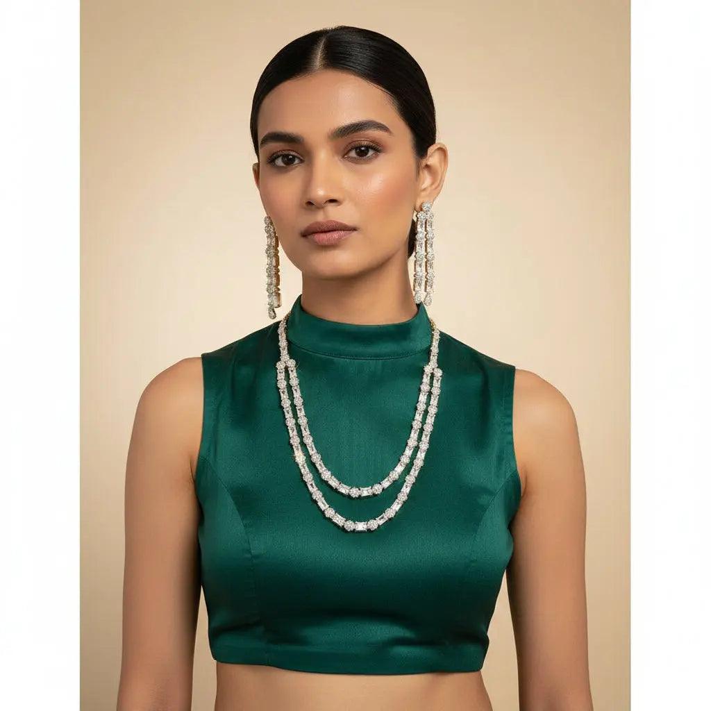 2-Layer Silver & Gold Tint CZ Necklace Set | 24ct Gold Plated Statement Jewelry Indian Fashions