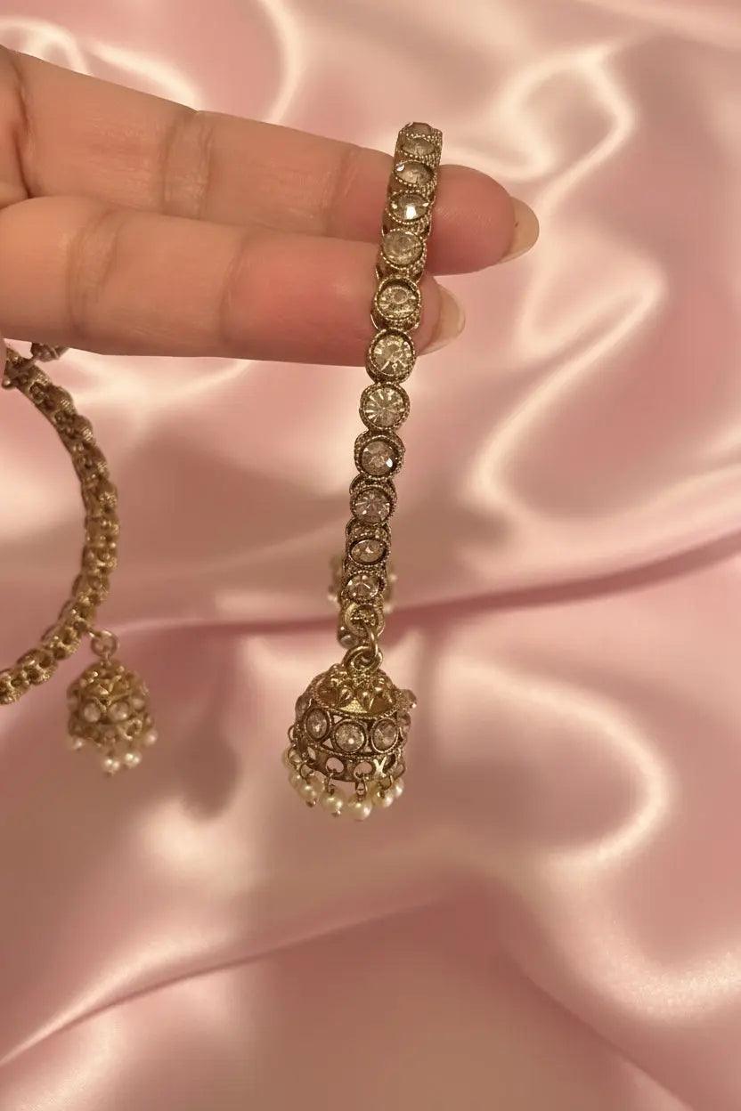 Antique Gold CZ Jhumka Bangle Bracelet Pair - 3 Jhumka Drops with Pearl Accents Nikhar Jewelry