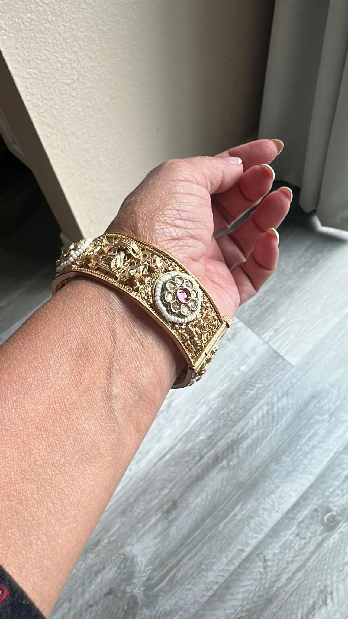 Lakshmi Temple Kada Bangle Set of 2 | Ruby Pearl Gold Polish | Indian Bridal Openable Bangle Nikhar Jewelry