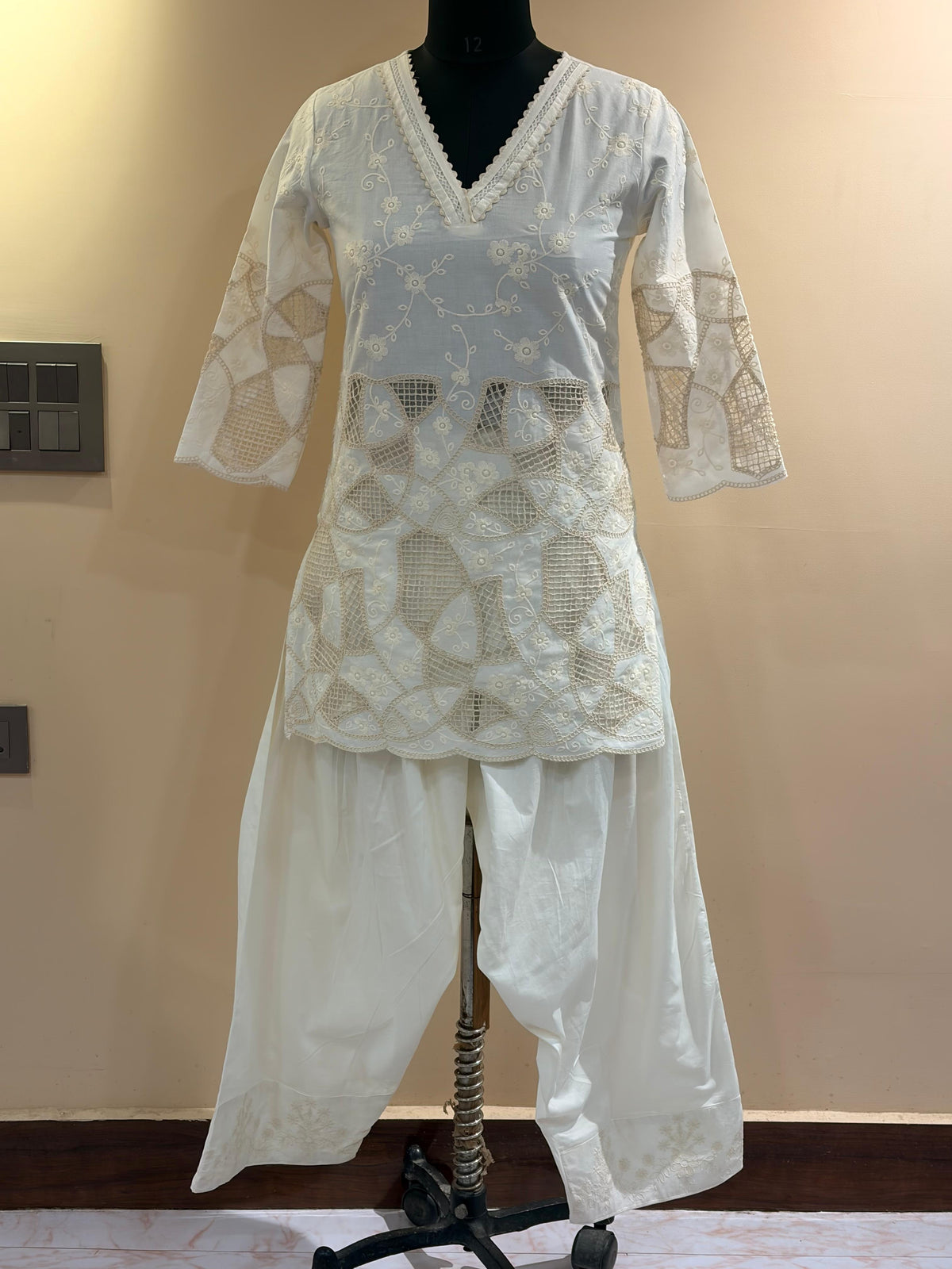 White Chikankari Schiffli Coord Set - Kurti and Farshi Salwar Maha Collection
