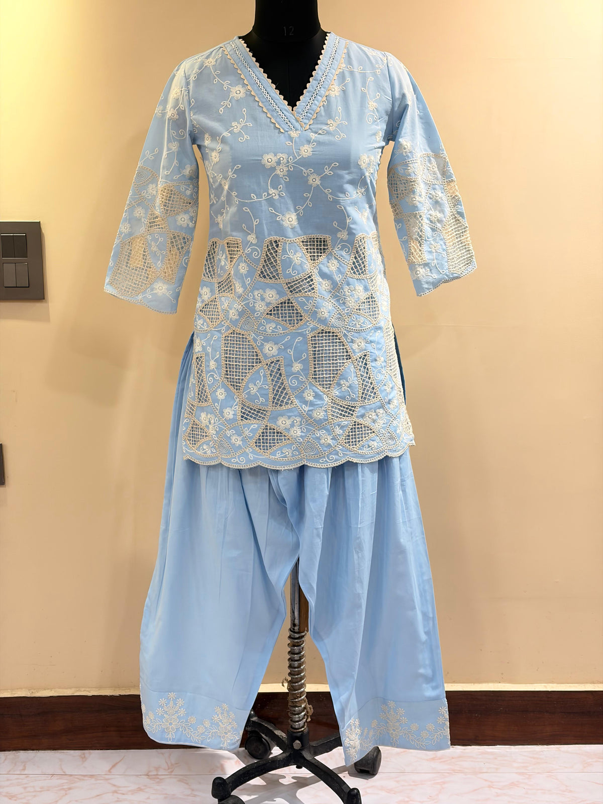 Baby Blue Chikankari Schiffli Coord Set - Kurti and Farshi Salwar Raghvi Enterprise