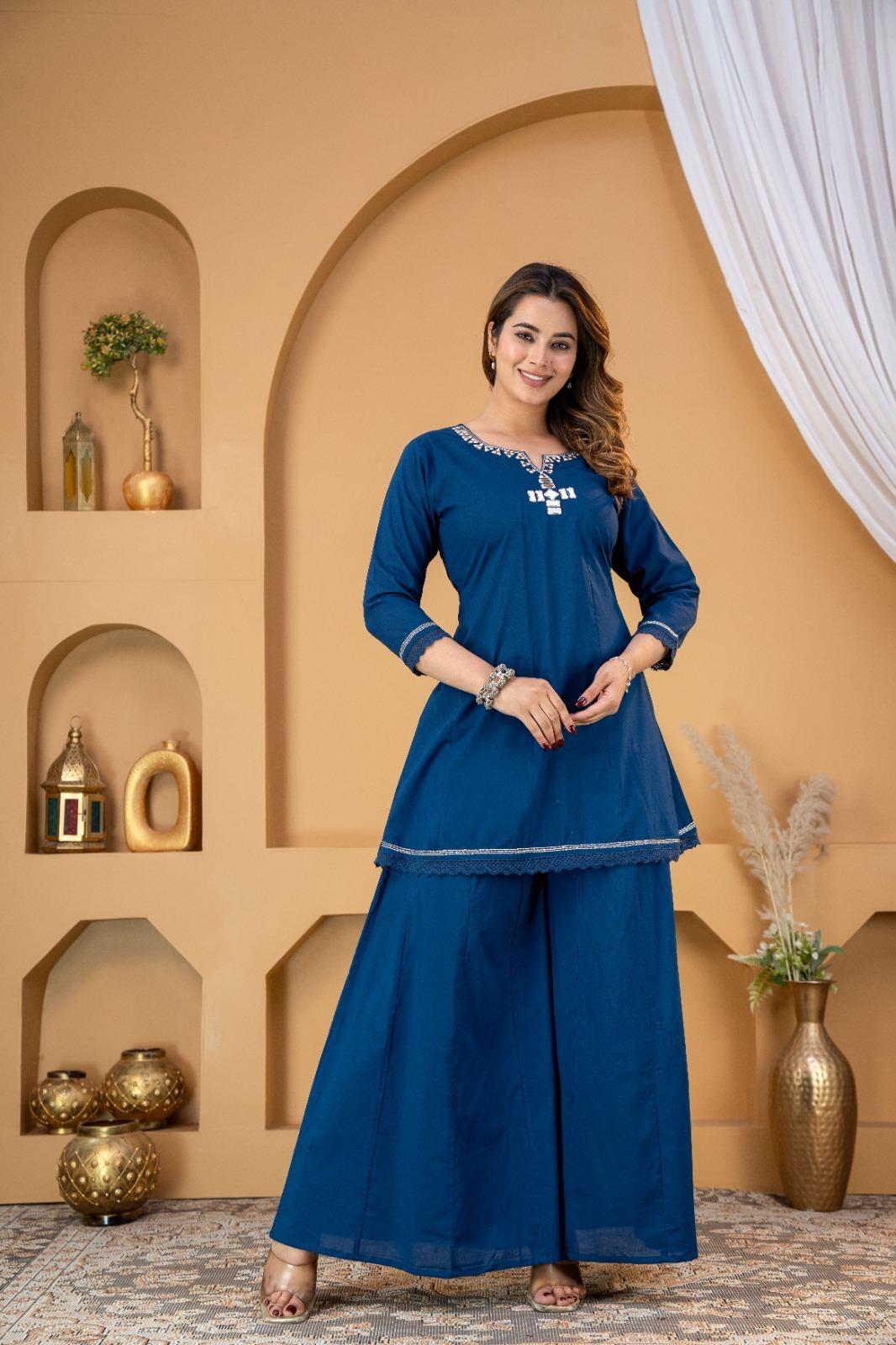 Teal Blue Mirror Work Coord Set - Kurti and Sharara Pants Raghvi Enterprise