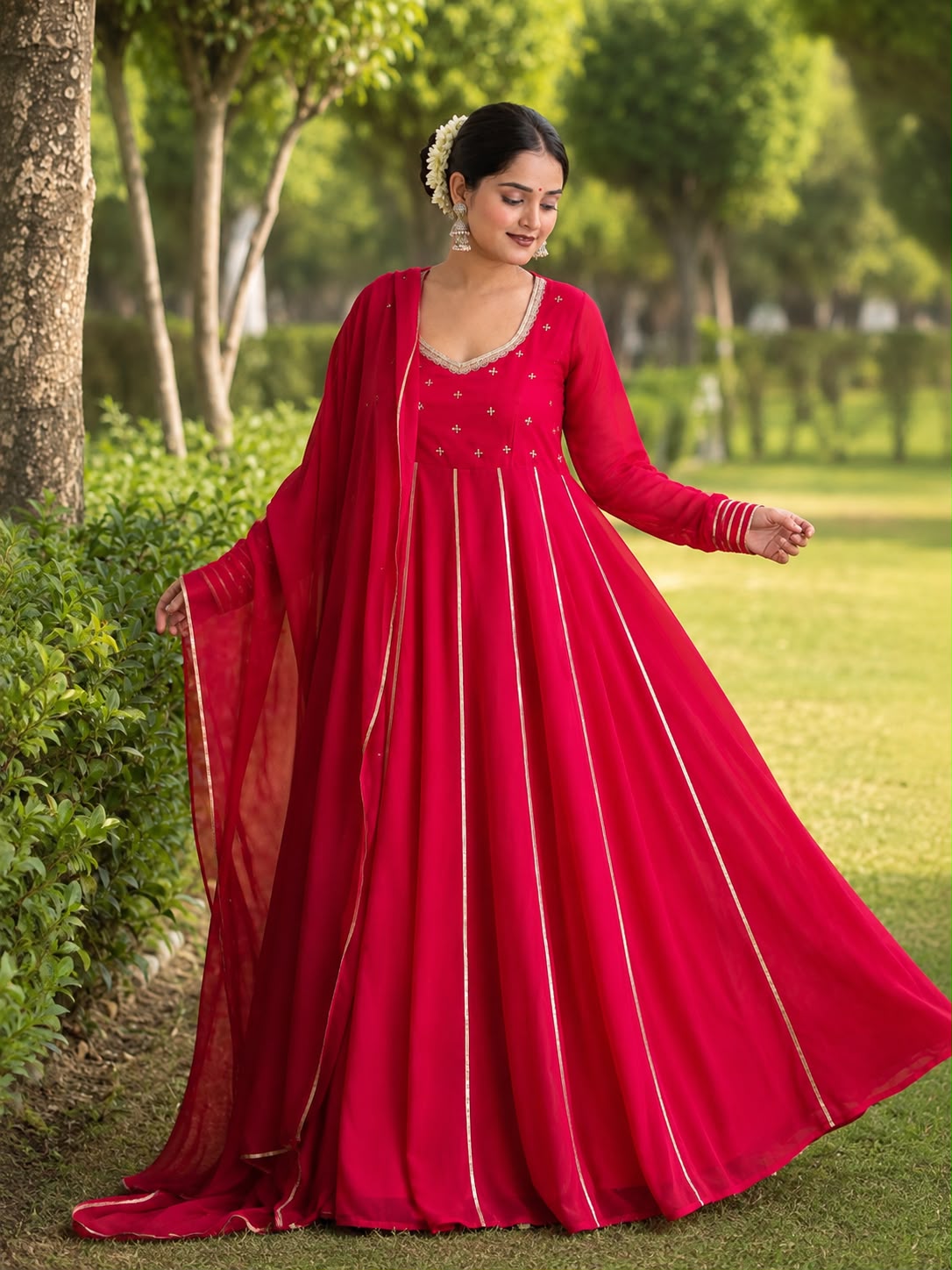 Luxury Red Georgette Anarkali Set – Gota Work, Hand Embroidered Koti & Pink Dupatta Maha Collection