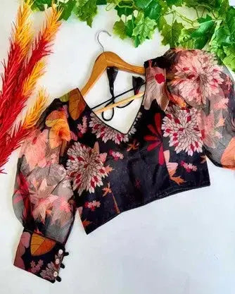 Organza Printed Blouse YNF900101 Black - Deepika's Adornments