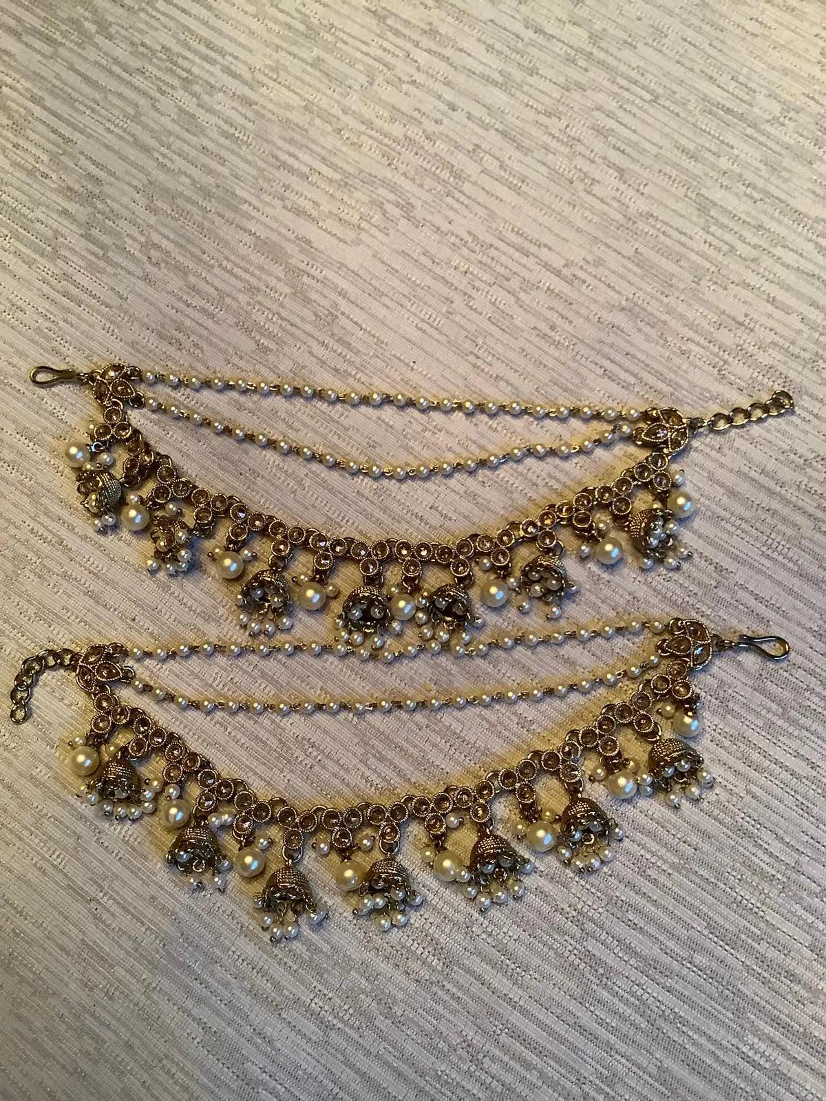 Antique Gold Jhumka Drop Shahara with Pearl Chain - Bridal Hair Accessory Pair Nikhar Jewelry