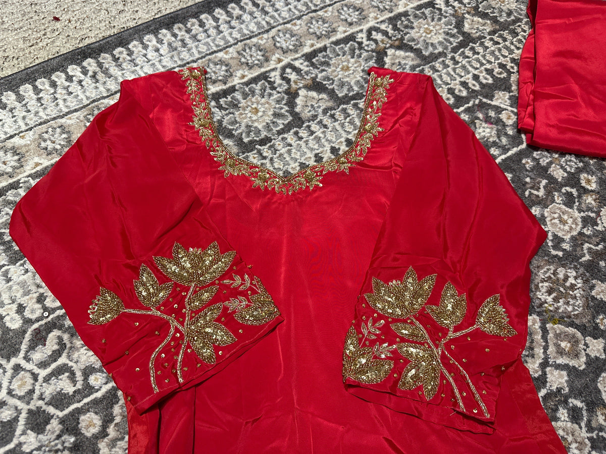 Red Farshi Salwar Suit – Premium Crepe with Hand Embroidery & Golden Dupatta Maha Collection
