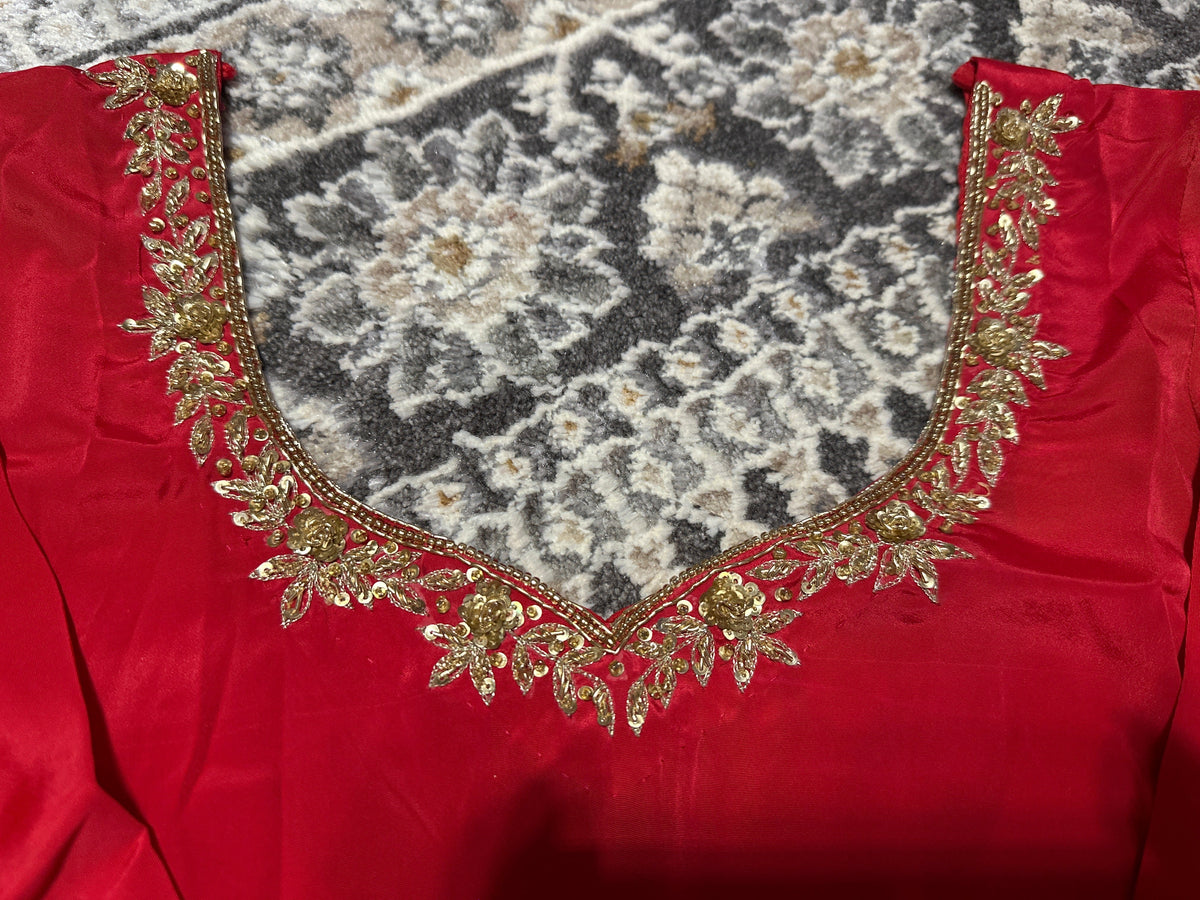 Red Farshi Salwar Suit – Premium Crepe with Hand Embroidery & Golden Dupatta Maha Collection
