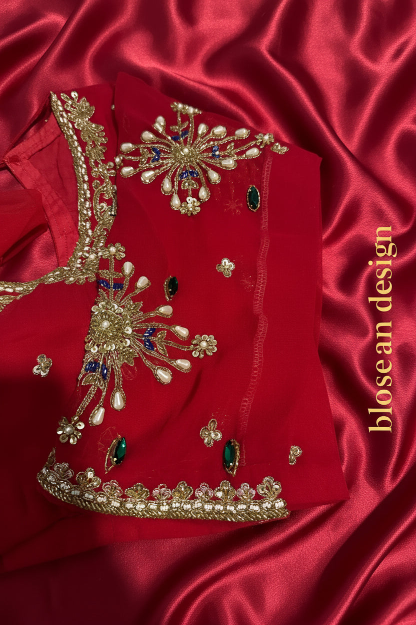 Red Saree with heavy hand work of sequins, pearls, cutdana, dabka work and green stonework Maha Collection
