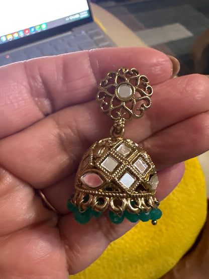 Gold & Green Jhumka Earrings – Filigree Stud with Mirror-Look Dome & Emerald Green Bead Drops | Fashion Jewellery Nikhar Jewelry