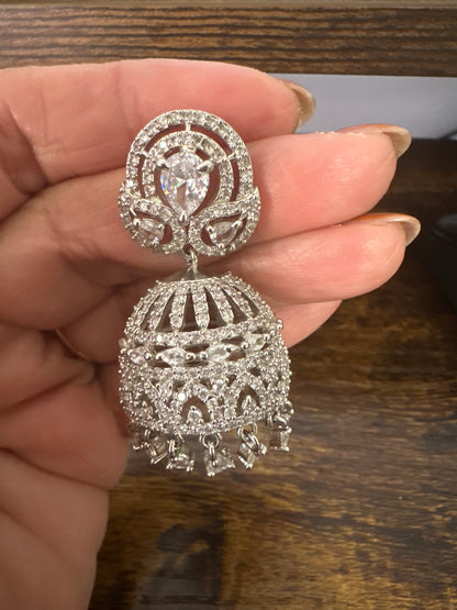 Silver AD Jhumka Earrings – Full CZ Pavé Dome Jhumki with Pear-Cut Stud Top & Crystal Drops Nikhar Jewelry