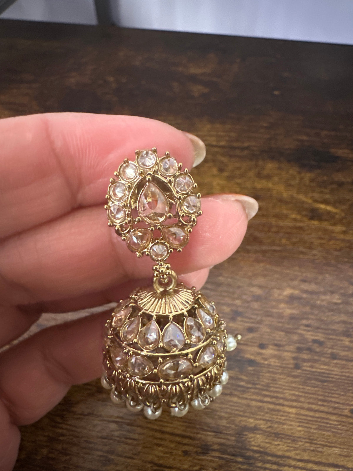 Gold Polki-Look Jhumka Earrings – Kundan-Style Dome Jhumki with Pearl Drops | Fashion Jewellery Nikhar Jewelry