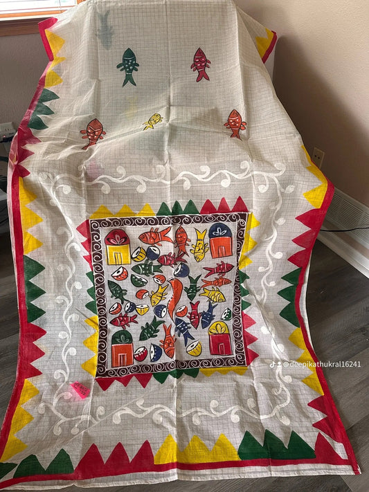 Bengali Hand Paint Offwhite Pure Dhonekhali Tant