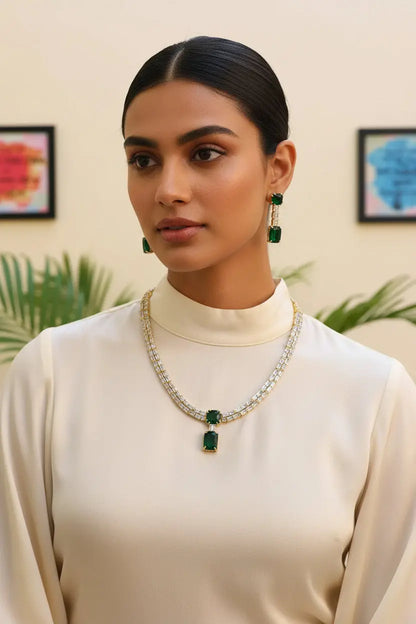 Handcrafted Masterpiece | Cz Set double layer-glamourous set Emerald - Deepika's Adornments