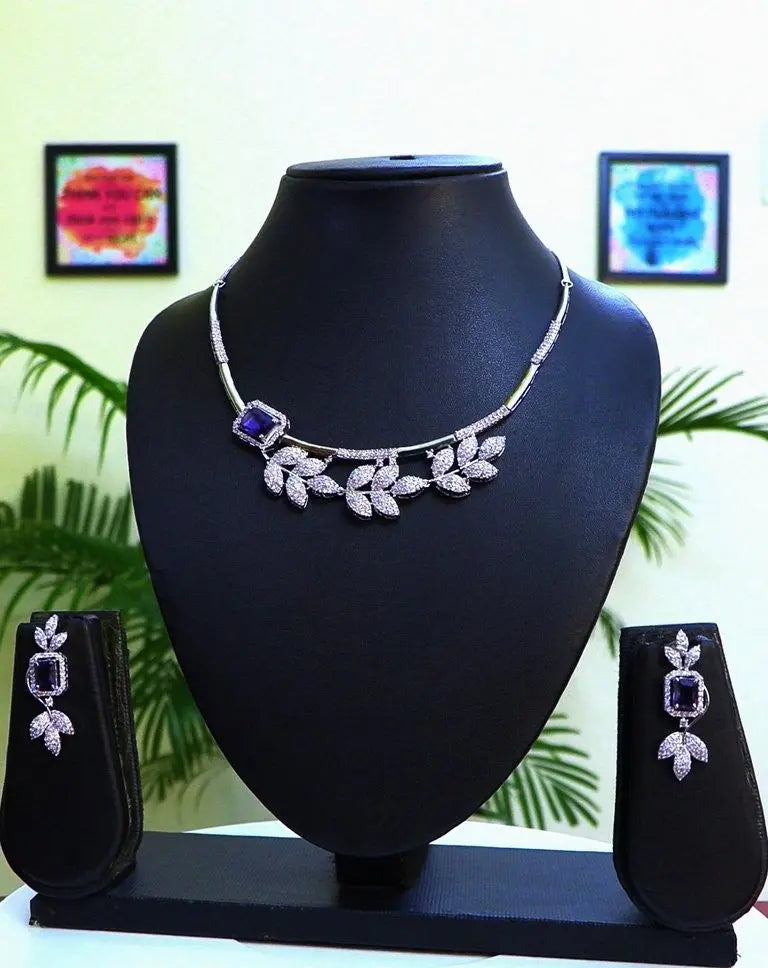 Sapphire Hydrostone & CZ Leaf Design Necklace Set | 24K Rhodium Plated Silver Indian Fashions