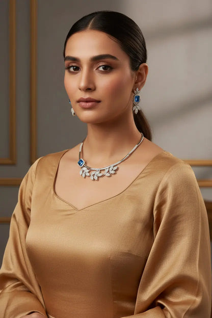 Ideal Necklace Set for Wedding Jewelry Occasions, Skyblue doublet with premium CZ's with leaft design - Deepika's Adornments