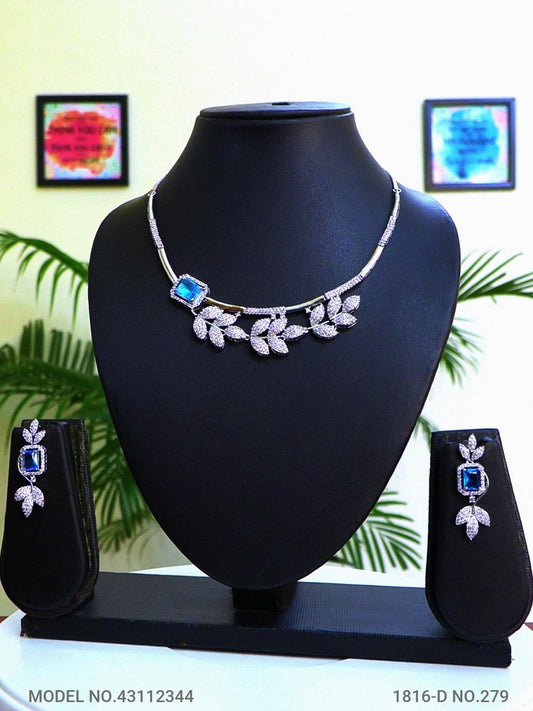 Ideal Necklace Set for Wedding Jewelry Occasions, Skyblue doublet with premium CZ's with leaft design