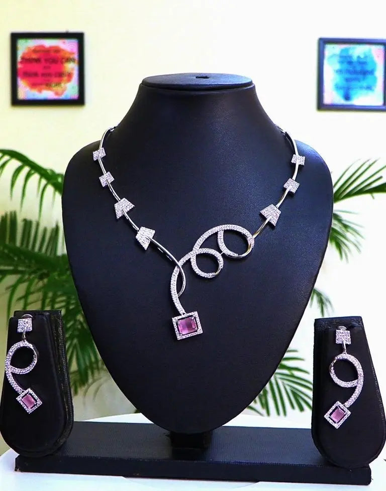 Pastel Pink Hydrostone & CZ Silver Necklace Set | Geometric Design Indian Fashions