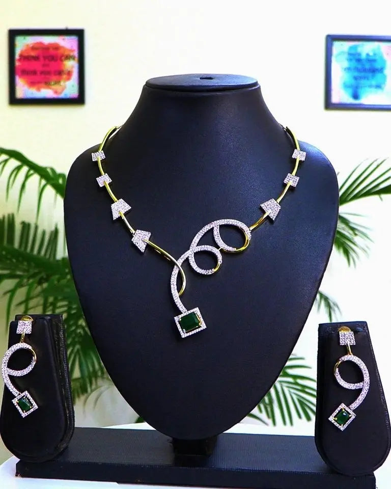 Emerald Green Hydrostone & CZ Geometric Necklace Set | 24K Gold Finish | International Quality Indian Fashions