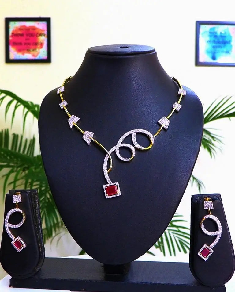 Ruby Red Hydrostone & CZ Geometric Necklace Set | 24K Gold Finish | International Quality Indian Fashions