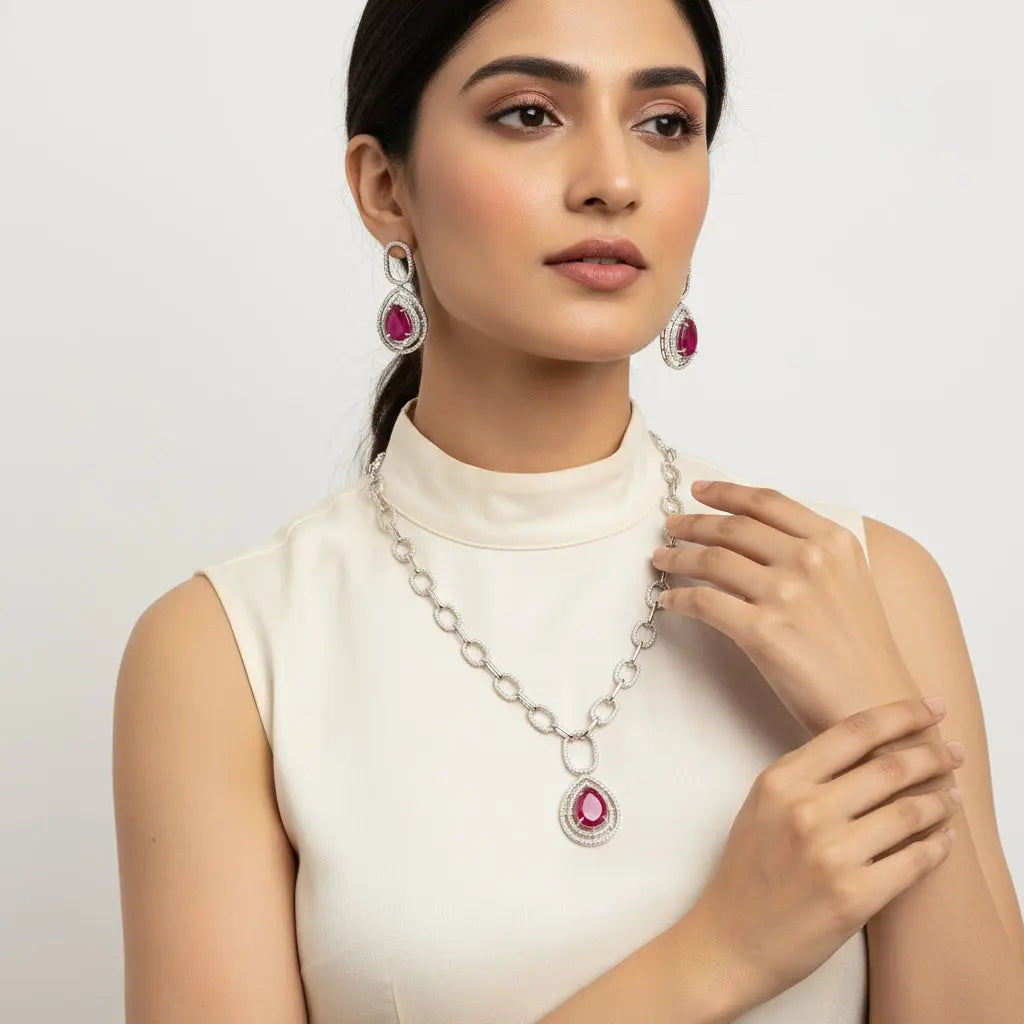 Ruby & CZ Gold Necklace Set | 24ct Gold Plated Bridal Jewelry Indian Fashions