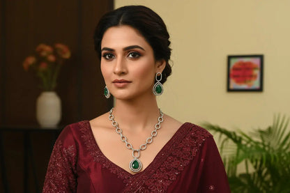 Bold Attitude | Necklace Set Emerald with silver - Deepika's Adornments