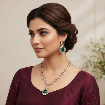 Green Hydrostone & CZ Necklace Set | 24ct Gold Plated Ethnic Jewelry Indian Fashions