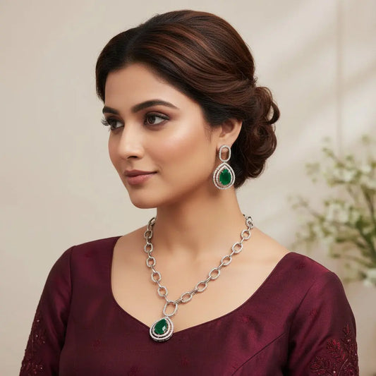 Green Hydrostone & CZ Necklace Set | 24ct Gold Plated Ethnic Jewelry Indian Fashions